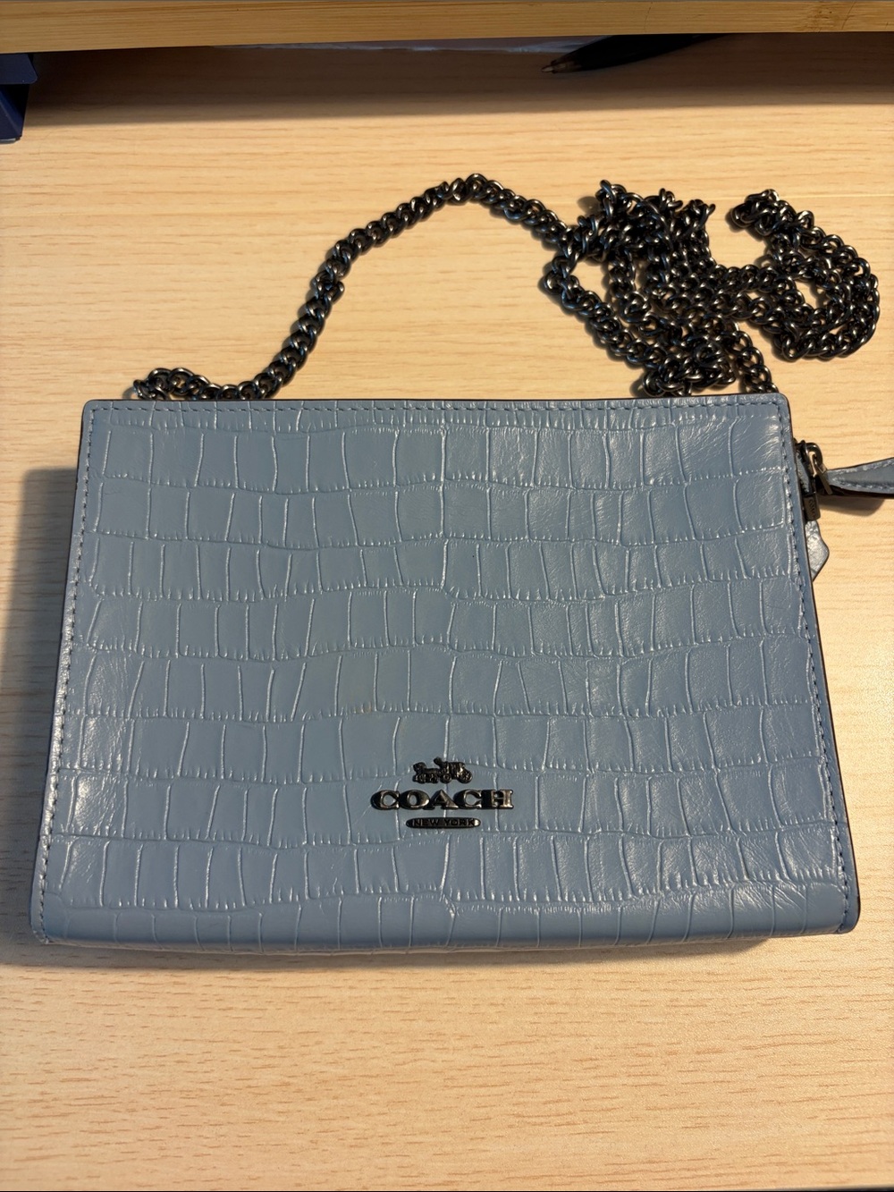 Coach Croc-Embossed Leather Crossbody in Light Blue with Gunmetal Hardware